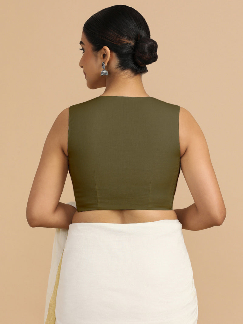 Tulsi x Rozaana | Sleeveless Saree Blouse in Deep Olive Green Linen-Binks