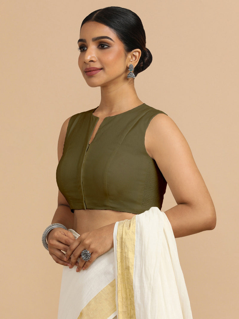 Tulsi x Rozaana | Sleeveless Saree Blouse in Deep Olive Green Linen-Binks