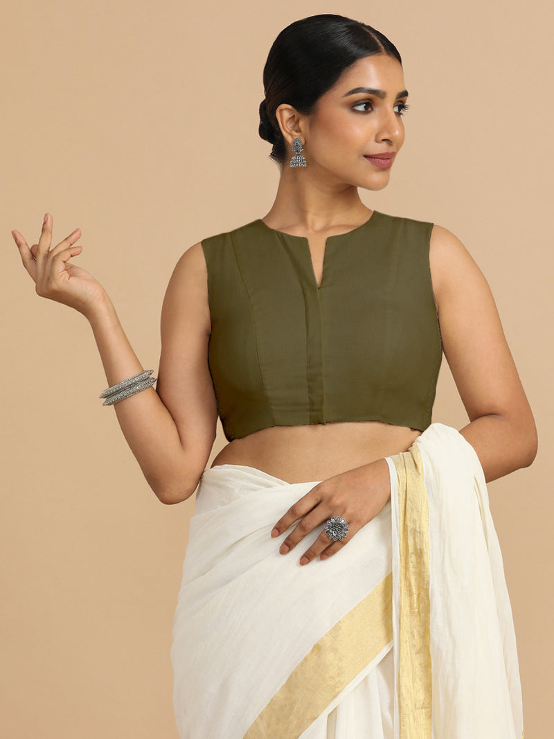 Tulsi x Rozaana | Sleeveless Saree Blouse in Deep Olive Green Linen-Binks
