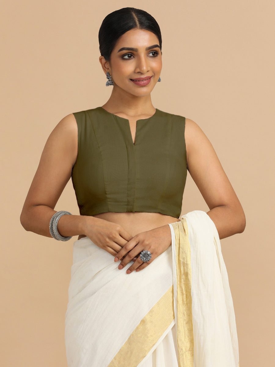 Tulsi x Rozaana Saree Blouse, in Green 70% Cotton 30% Linen, featuring sleeveless and jewel neckline, made for daily & work.