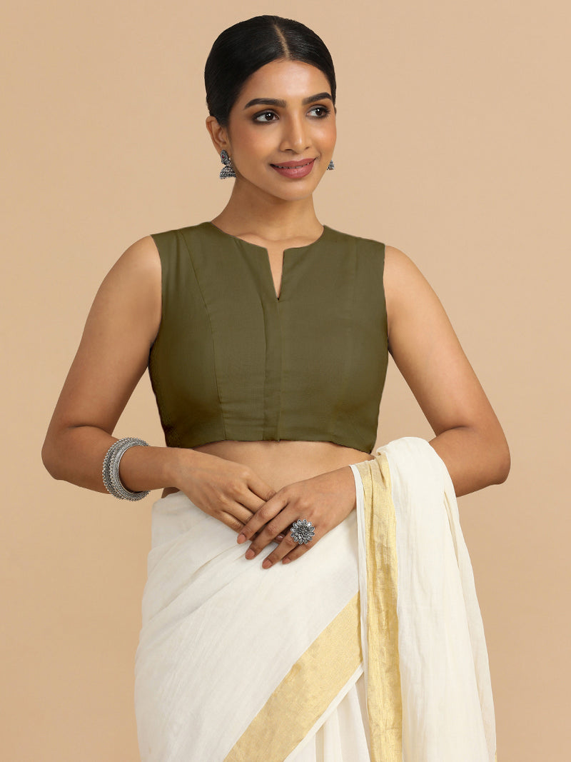 Tulsi x Rozaana | Sleeveless Saree Blouse in Deep Olive Green Linen-Binks