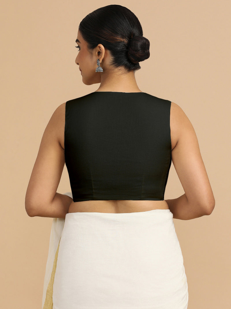Tulsi x Rozaana | Sleeveless Saree Blouse in Ebony Black Linen-Binks
