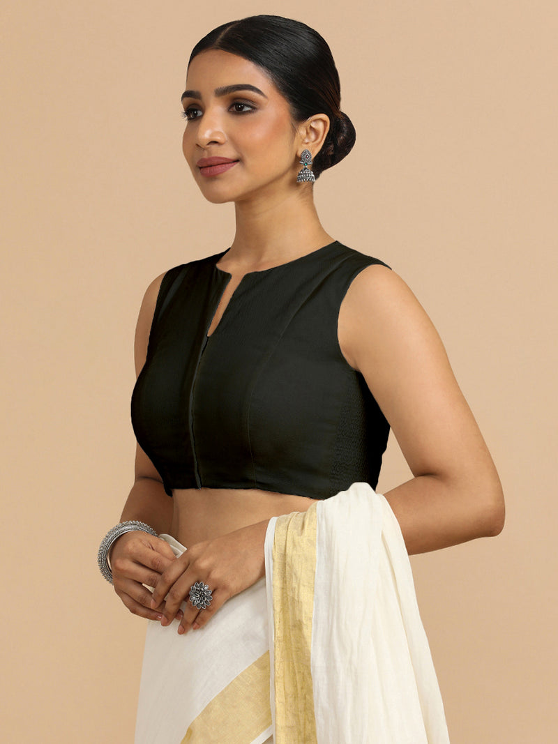 Tulsi x Rozaana | Sleeveless Saree Blouse in Ebony Black Linen-Binks