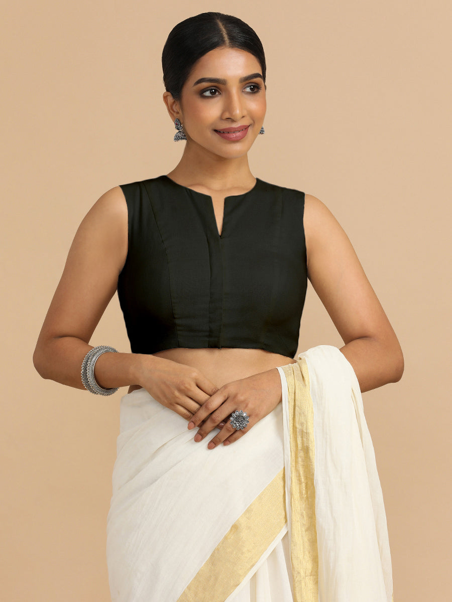 Tulsi x Rozaana Saree Blouse, in Black 70% Cotton 30% Linen, featuring sleeveless and jewel neckline, made for daily & work.