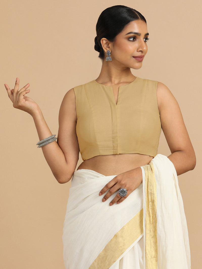 Tulsi x Rozaana | Sleeveless Saree Blouse in Ecru Beige Linen-Binks