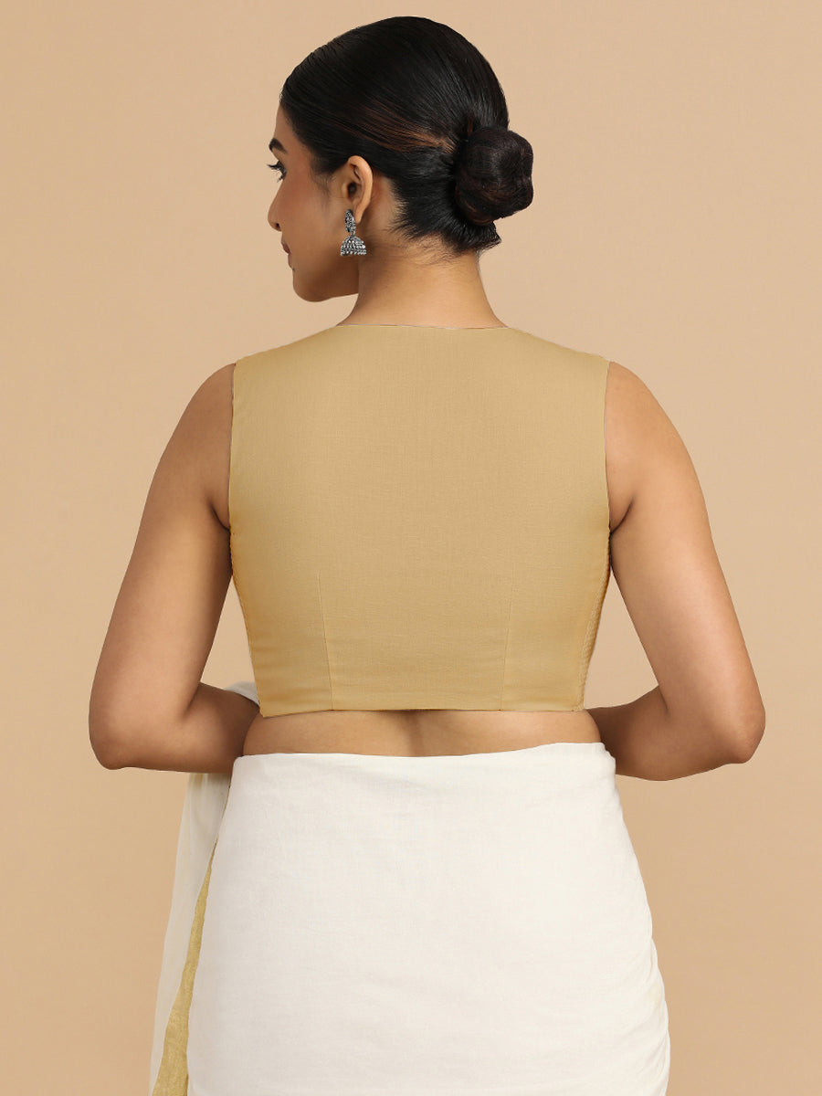 Tulsi x Rozaana Saree Blouse, in Beige 70% Cotton 30% Linen, featuring sleeveless and jewel neckline, made for daily & work.