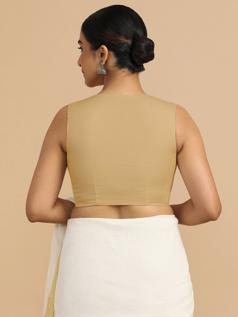 Tulsi x Rozaana Saree Blouse, in Beige 70% Cotton 30% Linen, featuring sleeveless and jewel neckline, made for daily & work.