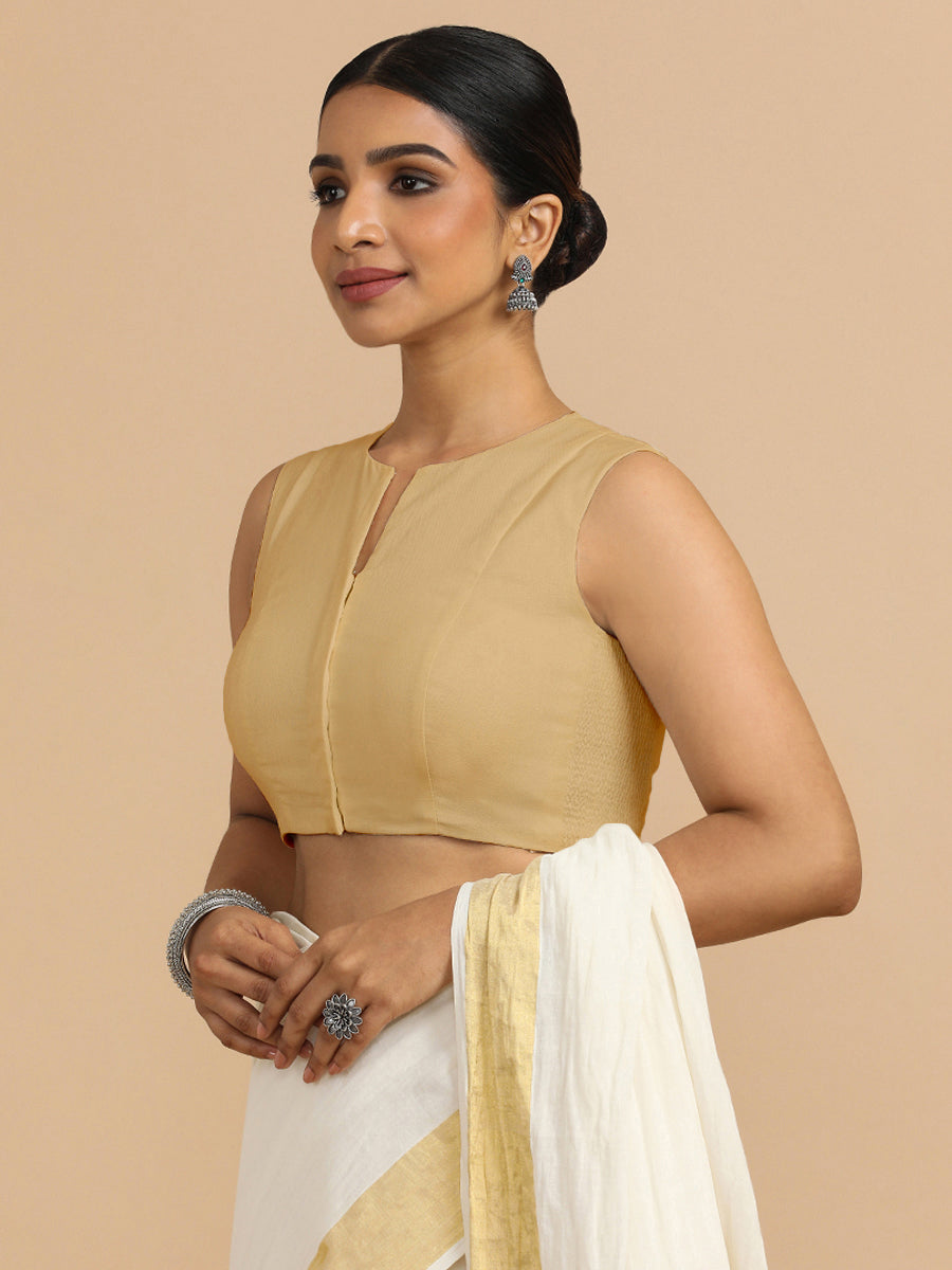 Tulsi x Rozaana Saree Blouse, in Beige 70% Cotton 30% Linen, featuring sleeveless and jewel neckline, made for daily & work.