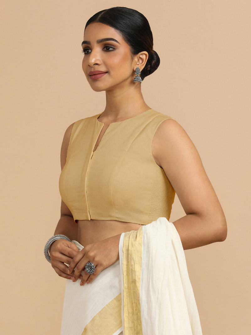 Tulsi x Rozaana | Sleeveless Saree Blouse in Ecru Beige Linen-Binks