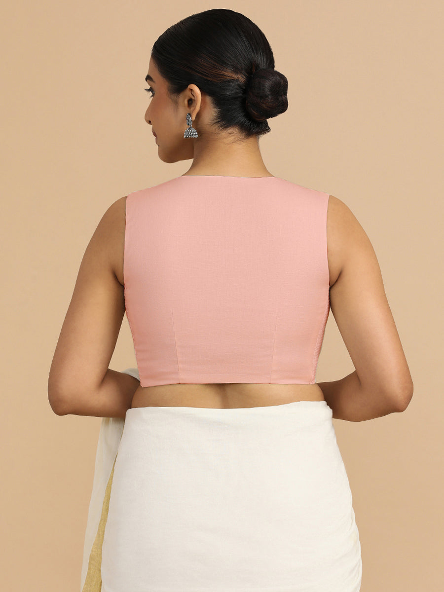 Tulsi x Rozaana Saree Blouse, in Pink 70% Cotton 30% Linen, featuring sleeveless and jewel neckline, made for daily & work.