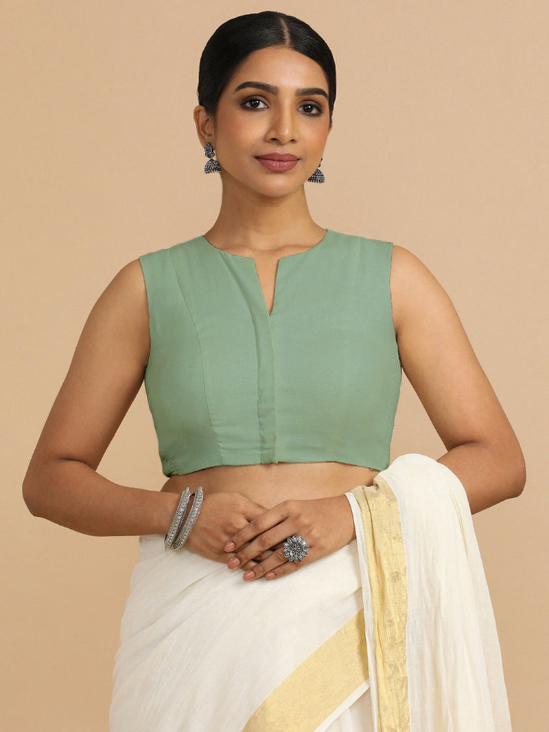 Tulsi x Rozaana | Sleeveless Saree Blouse in Peppermint Green Linen-Binks