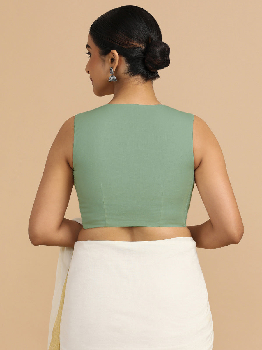 Tulsi x Rozaana Saree Blouse, in Green 70% Cotton 30% Linen, featuring sleeveless and jewel neckline, made for daily & work.