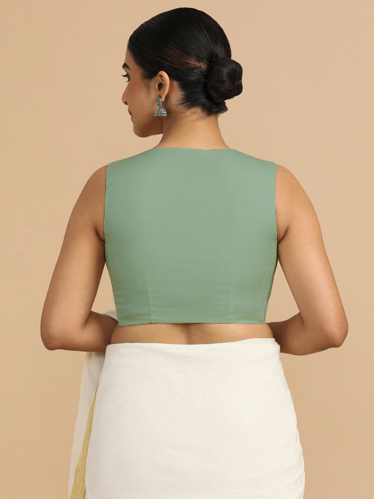 Tulsi x Rozaana Saree Blouse, in Green 70% Cotton 30% Linen, featuring sleeveless and jewel neckline, made for daily & work.