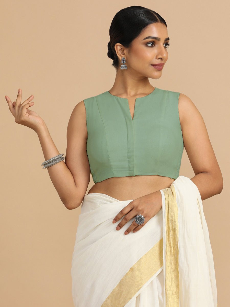 Tulsi x Rozaana Saree Blouse, in Green 70% Cotton 30% Linen, featuring sleeveless and jewel neckline, made for daily & work.