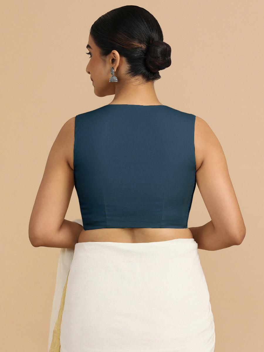 Tulsi x Rozaana Saree Blouse, in Blue 70% Cotton 30% Linen, featuring sleeveless and jewel neckline, made for daily & work.