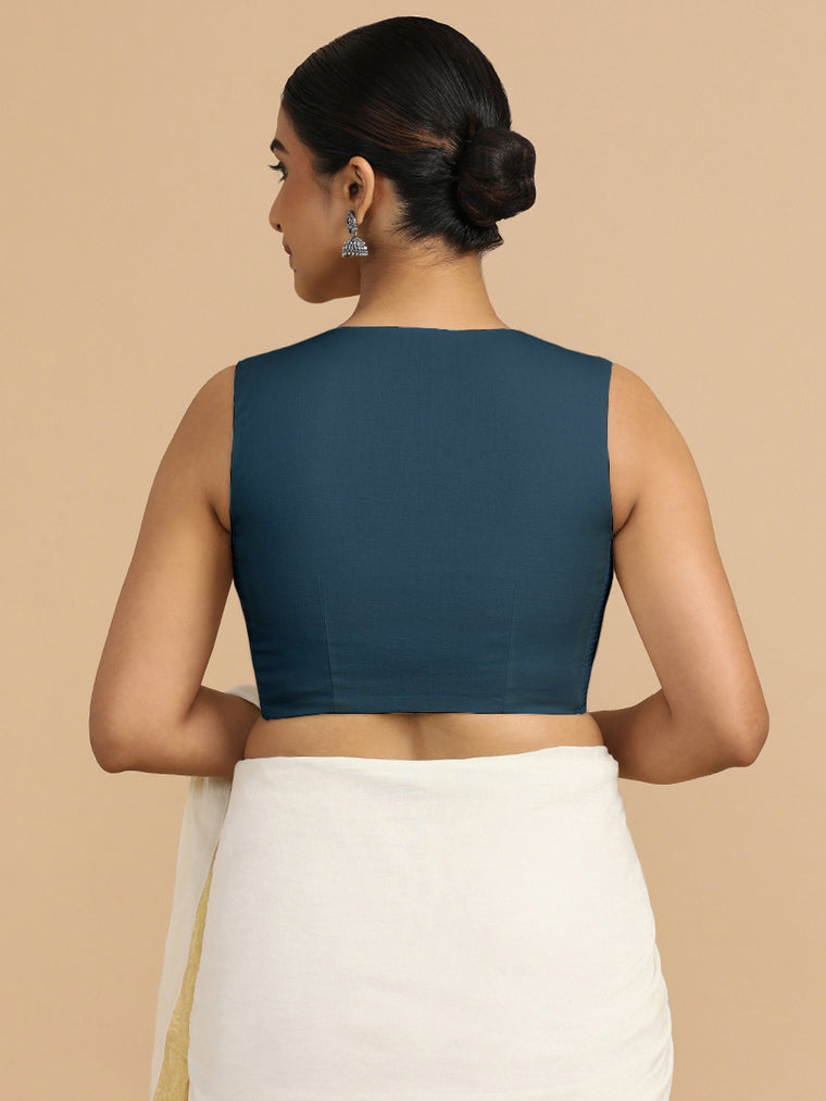 Tulsi x Rozaana Saree Blouse, in Blue 70% Cotton 30% Linen, featuring sleeveless and jewel neckline, made for daily & work.
