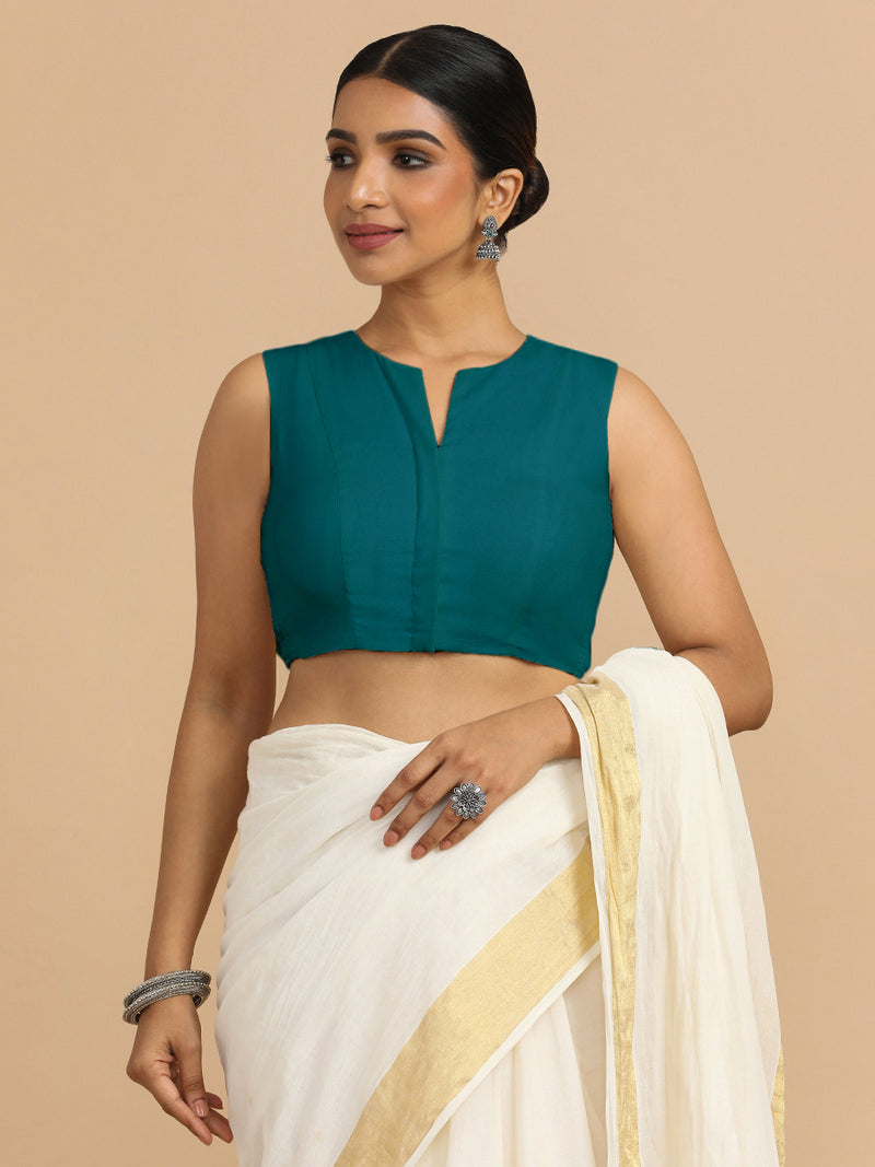 Tulsi x Rozaana | Sleeveless Saree Blouse in Teal Blue Linen-Binks