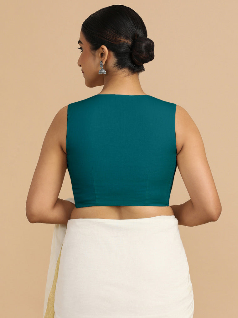 Tulsi x Rozaana Saree Blouse, in Blue 70% Cotton 30% Linen, featuring sleeveless and jewel neckline, made for daily & work.