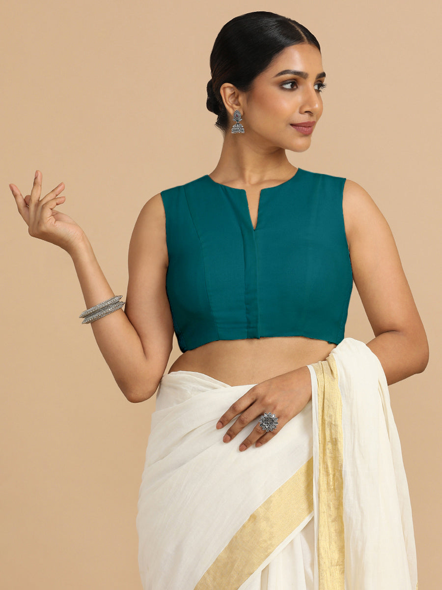 Tulsi x Rozaana Saree Blouse, in Blue 70% Cotton 30% Linen, featuring sleeveless and jewel neckline, made for daily & work.