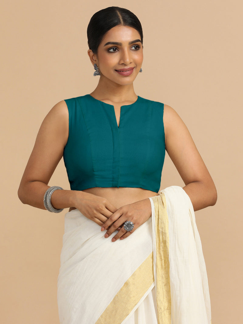 Tulsi x Rozaana | Sleeveless Saree Blouse in Teal Blue Linen-Binks
