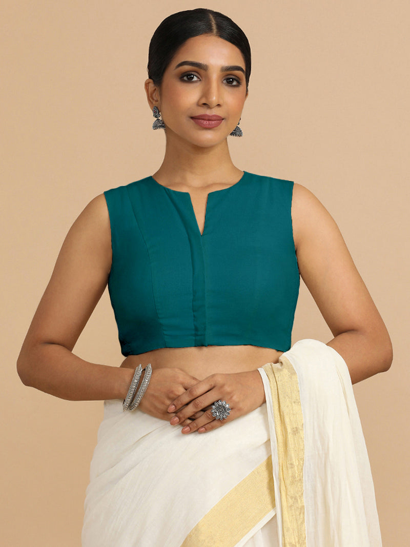 Tulsi x Rozaana | Sleeveless Saree Blouse in Teal Blue Linen-Binks