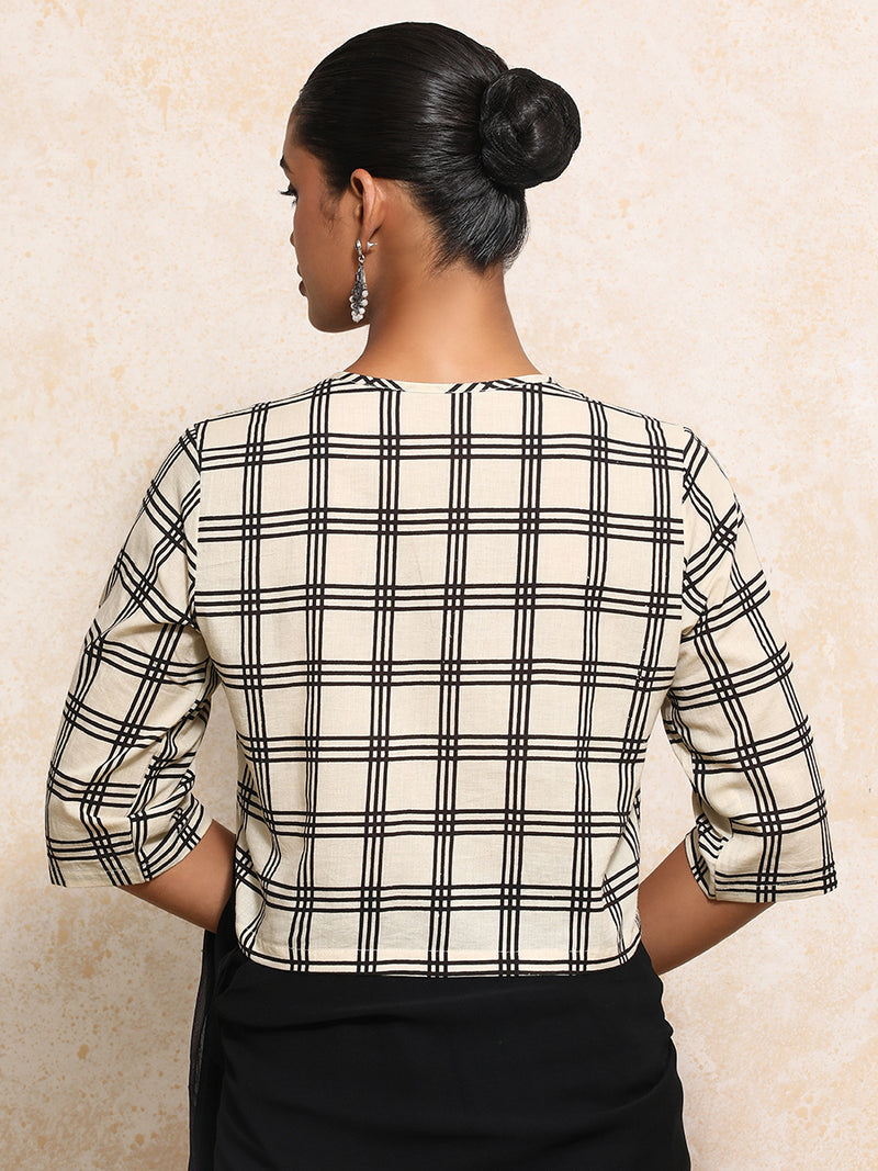 Twisha x Rozaana | Elbow Sleeves Saree Blouse in Cream Windowpane Check Block Print Cotton-Binks