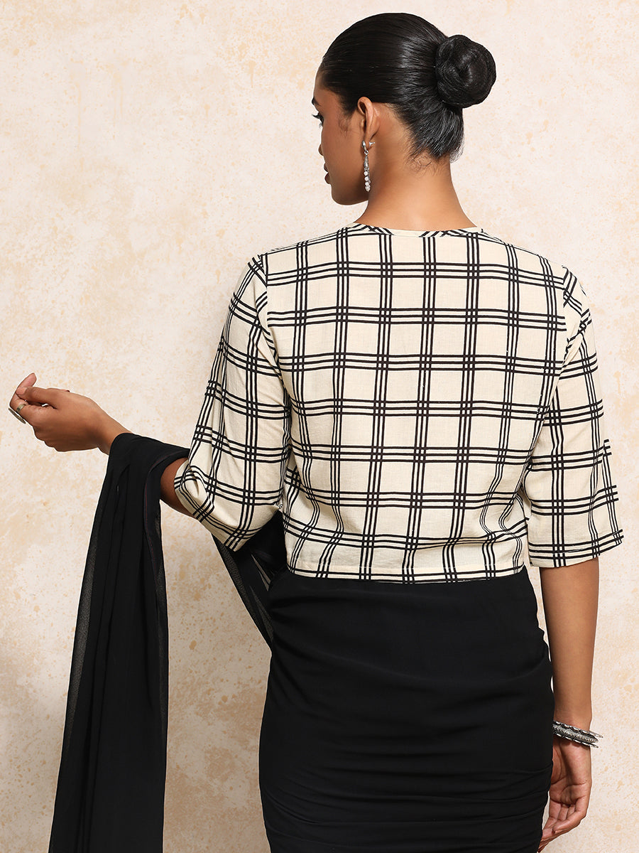 Twisha x Rozaana Saree Blouse, in Cream 100% Cotton - Block Printed, featuring elbow sleeves and jewel neckline (view 2).