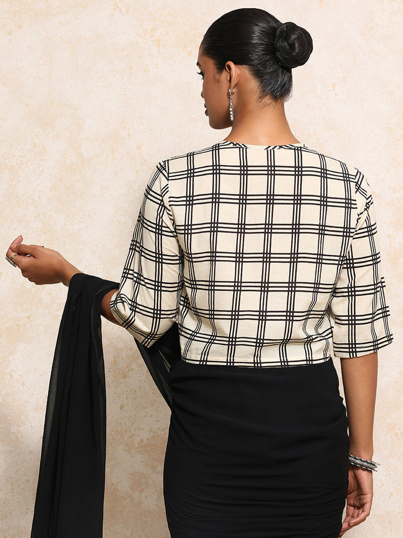 Twisha x Rozaana | Elbow Sleeves Saree Blouse in Cream Windowpane Check Block Print Cotton-Binks