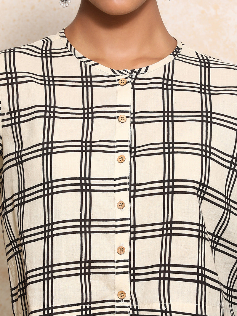 Twisha x Rozaana | Elbow Sleeves Saree Blouse in Cream Windowpane Check Block Print Cotton-Binks