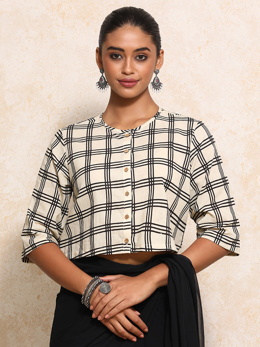 Twisha x Rozaana Saree Blouse, in Cream 100% Cotton - Block Printed, featuring elbow sleeves and jewel neckline (view 7).
