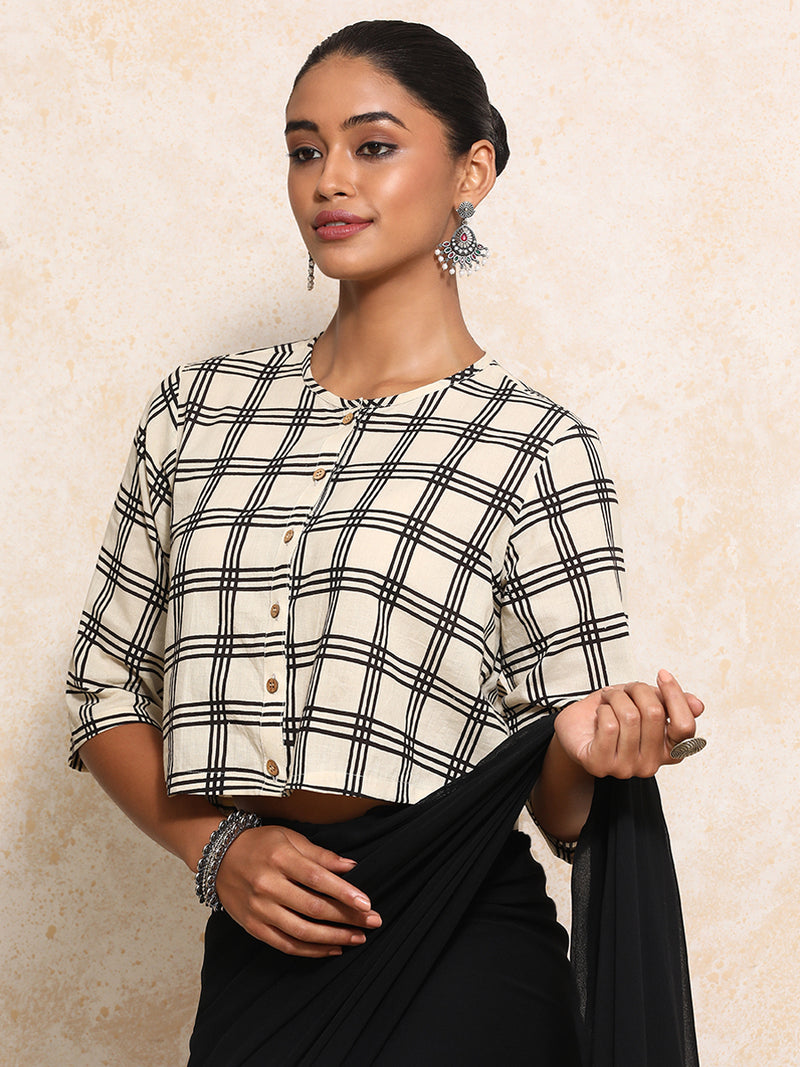 Twisha x Rozaana | Elbow Sleeves Saree Blouse in Cream Windowpane Check Block Print Cotton-Binks