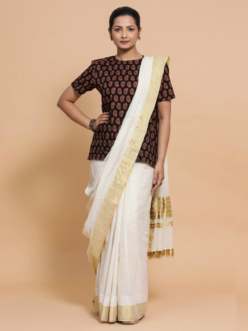 Uditi x Rozaana | Short Sleeves Cotton Saree Blouse in Black Mango Block Print Fabric-Binks