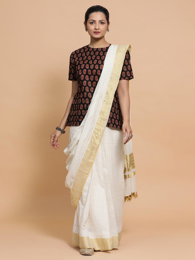 Uditi x Rozaana | Short Sleeves Cotton Saree Blouse in Black Mango Block Print Fabric-Binks