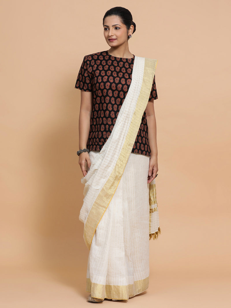 Uditi x Rozaana | Short Sleeves Cotton Saree Blouse in Black Mango Block Print Fabric-Binks