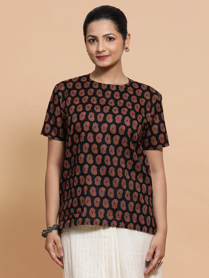 Uditi x Rozaana | Short Sleeves Cotton Saree Blouse in Black Mango Block Print Fabric-Binks