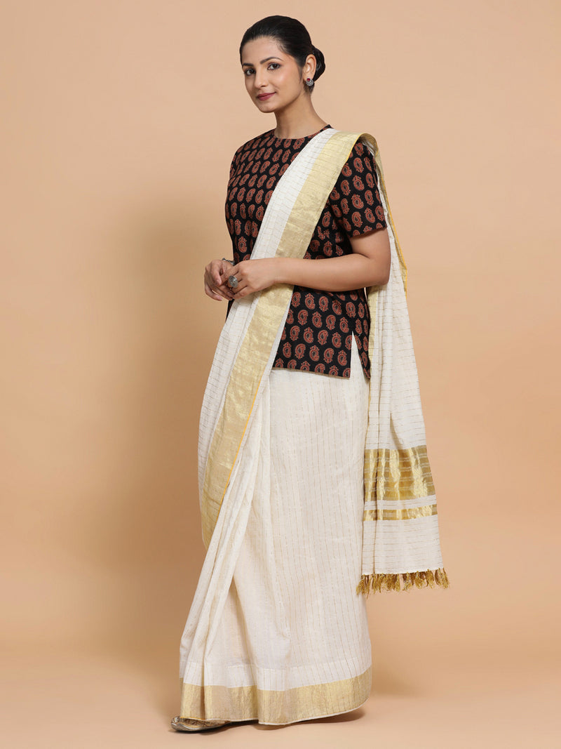 Uditi x Rozaana | Short Sleeves Cotton Saree Blouse in Black Mango Block Print Fabric-Binks