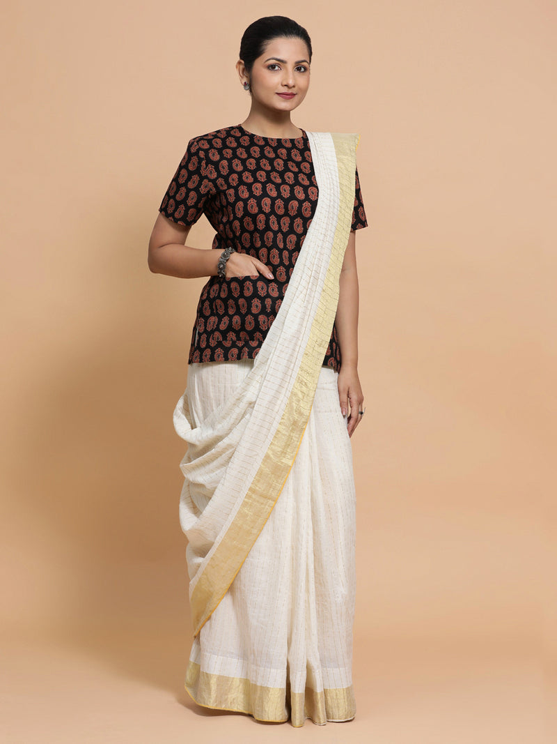 Uditi x Rozaana | Short Sleeves Cotton Saree Blouse in Black Mango Block Print Fabric-Binks