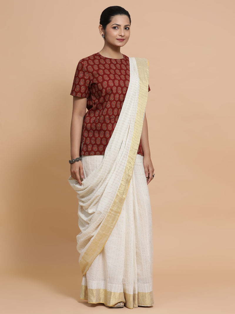 Uditi x Rozaana | Short Sleeves Cotton Saree Blouse in Red Mango Block Print Fabric-Binks