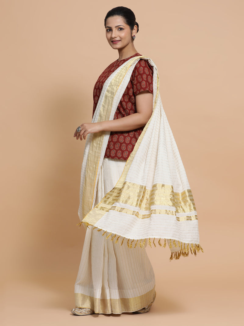 Uditi x Rozaana | Short Sleeves Cotton Saree Blouse in Red Mango Block Print Fabric-Binks