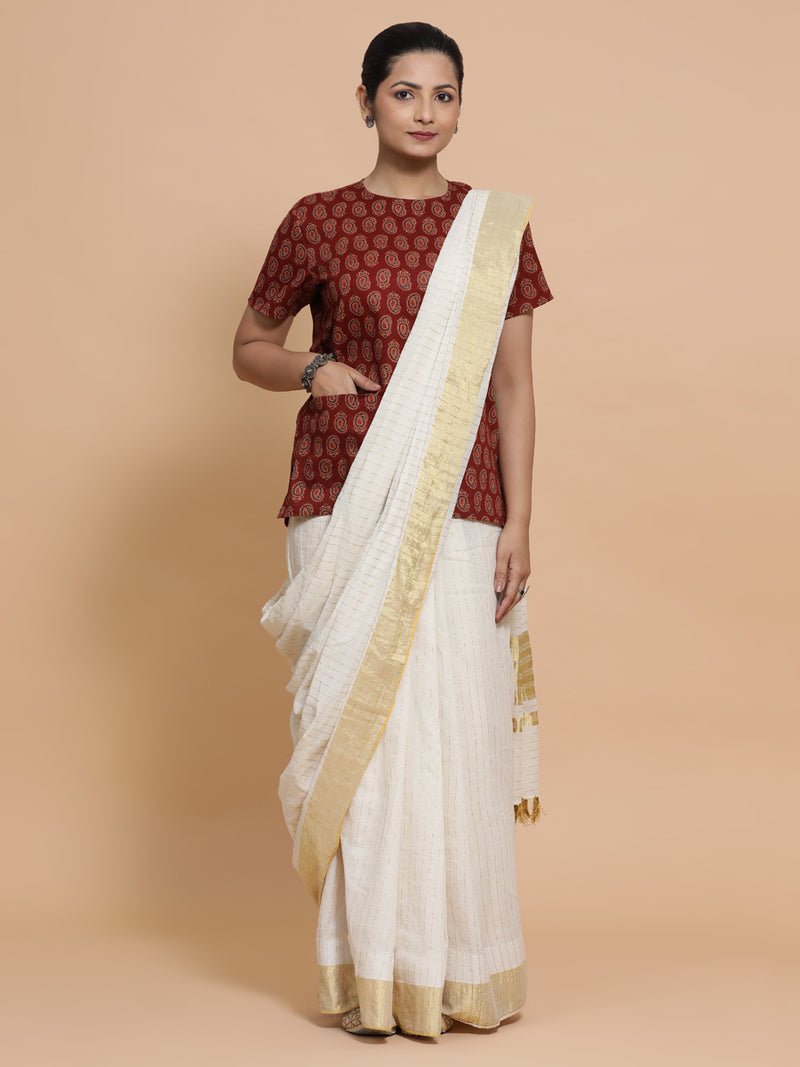 Uditi x Rozaana | Short Sleeves Cotton Saree Blouse in Red Mango Block Print Fabric-Binks