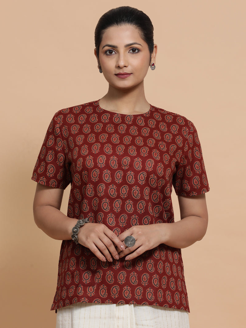 Uditi x Rozaana | Short Sleeves Cotton Saree Blouse in Red Mango Block Print Fabric-Binks