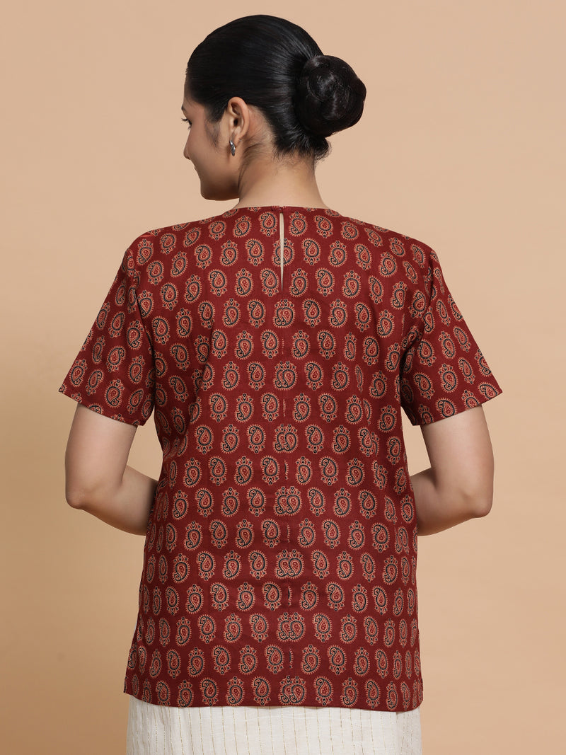 Uditi x Rozaana | Short Sleeves Cotton Saree Blouse in Red Mango Block Print Fabric-Binks