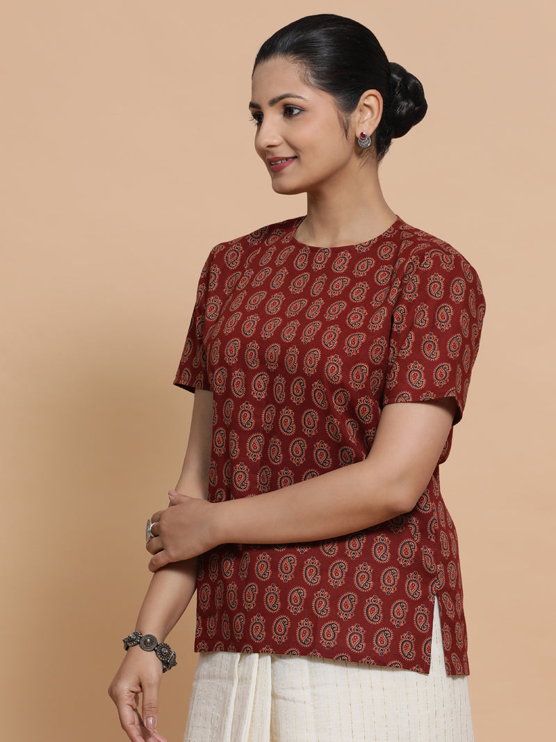 Uditi x Rozaana | Short Sleeves Cotton Saree Blouse in Red Mango Block Print Fabric-Binks