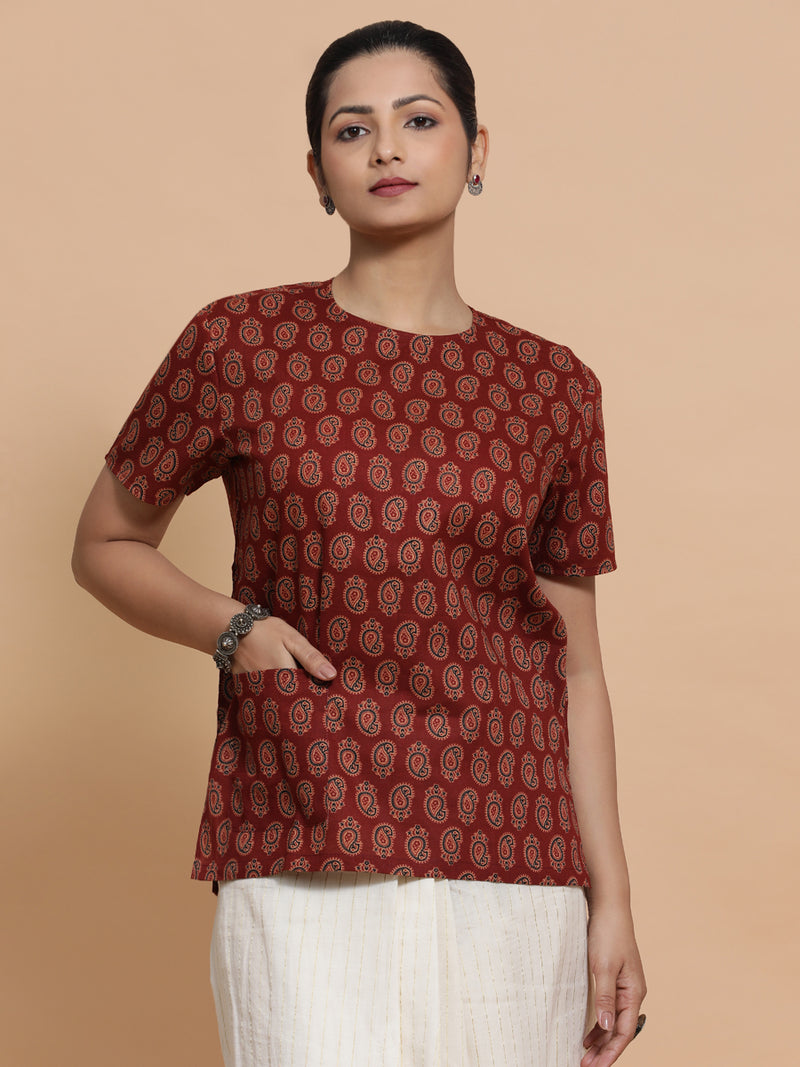 Uditi x Rozaana | Short Sleeves Cotton Saree Blouse in Red Mango Block Print Fabric-Binks