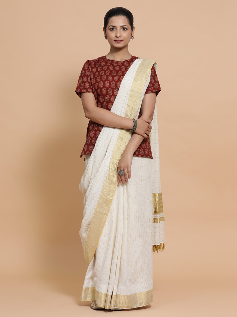 Uditi x Rozaana | Short Sleeves Cotton Saree Blouse in Red Mango Block Print Fabric-Binks