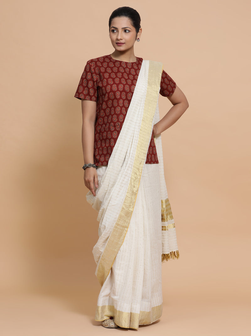 Uditi x Rozaana | Short Sleeves Cotton Saree Blouse in Red Mango Block Print Fabric-Binks