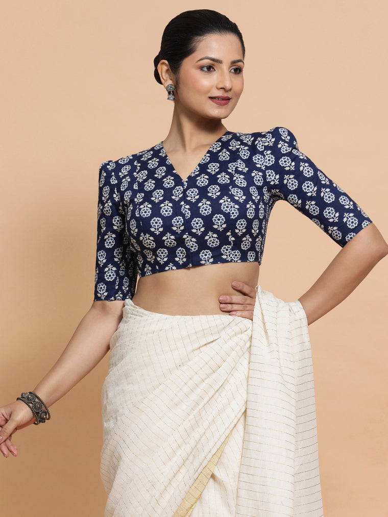 Ujwala x Rozaana Saree Blouse, in Blue Cotton, featuring elbow sleeves and v-neckline, made for daily & work.