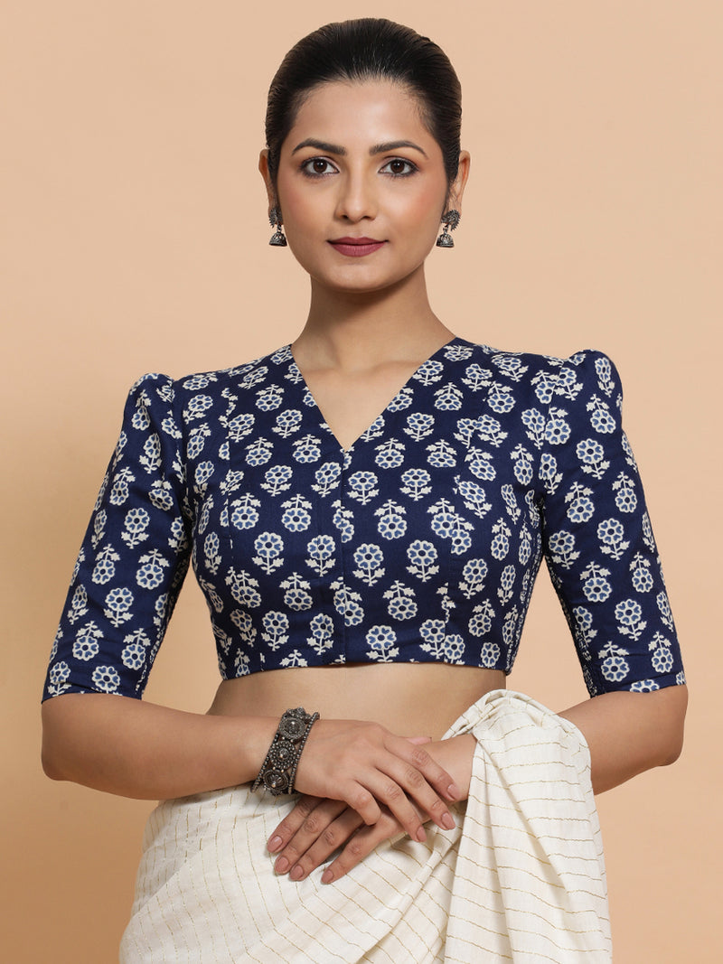 Ujwala x Rozaana | Elbow Sleeves Cotton Saree Blouse in Indigo Blue Flower Block Print Fabric-Binks