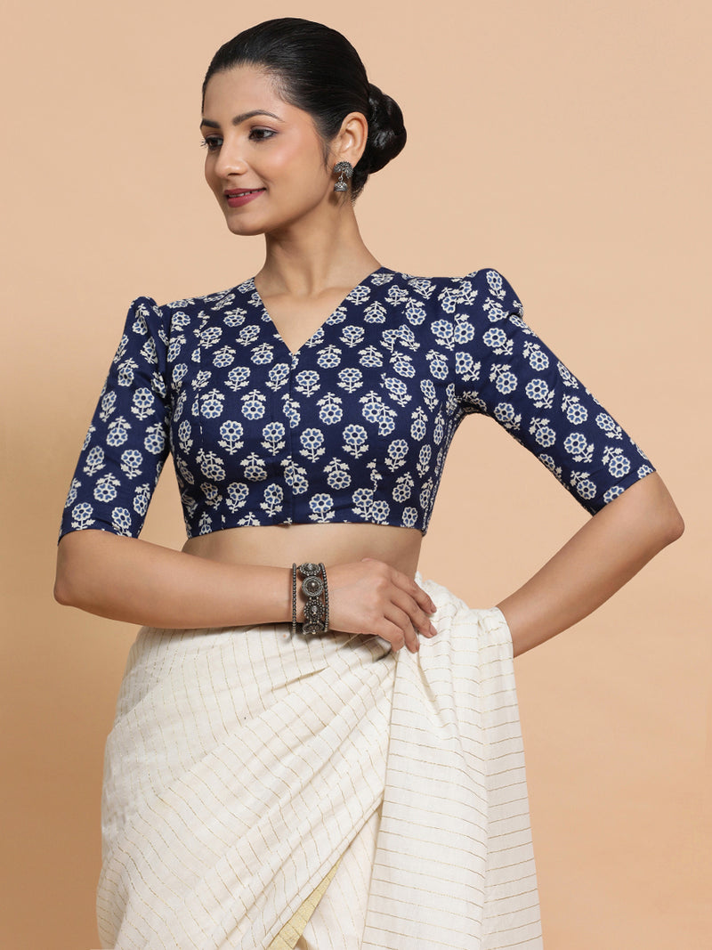 Ujwala x Rozaana | Elbow Sleeves Cotton Saree Blouse in Indigo Blue Flower Block Print Fabric-Binks