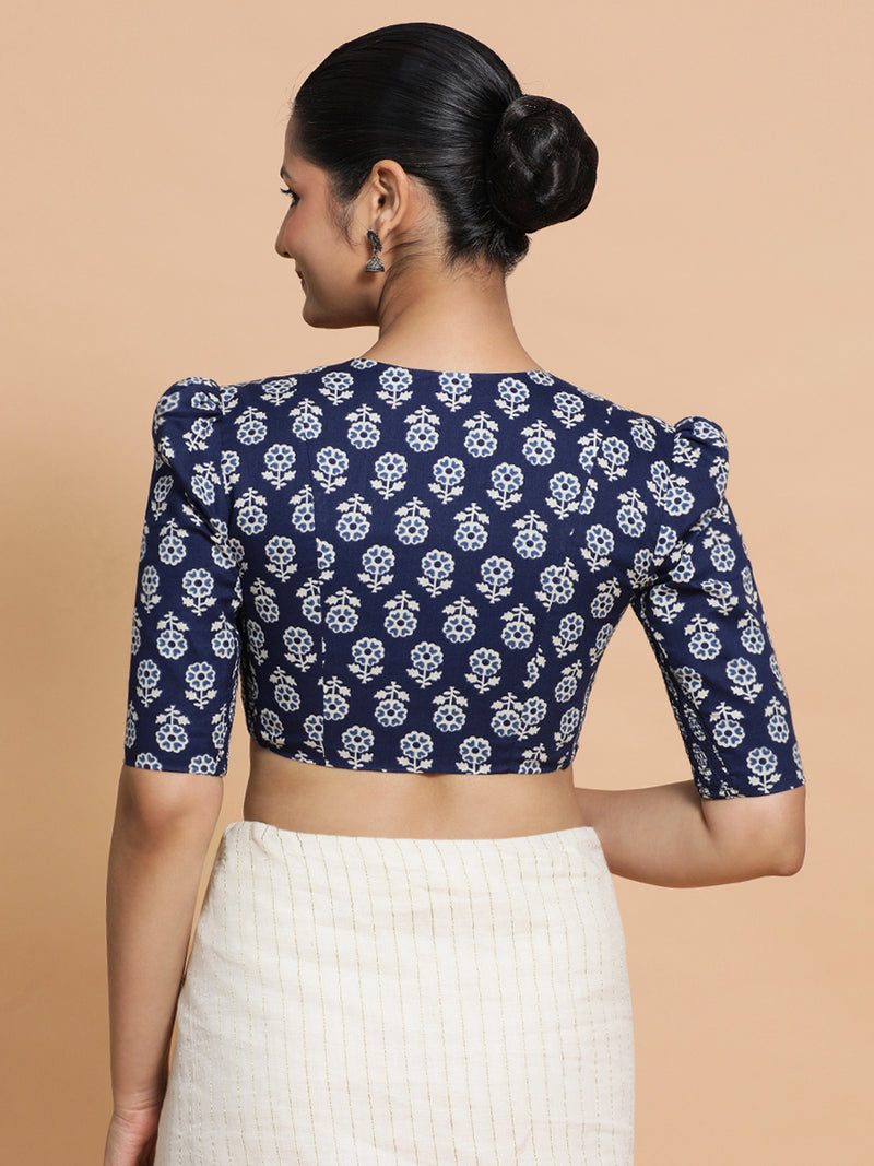 Ujwala x Rozaana | Elbow Sleeves Cotton Saree Blouse in Indigo Blue Flower Block Print Fabric-Binks